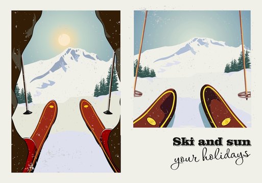 Vintage vector poster of two pictures. Skier getting ready to descend the mountain. Winter background. Grunge effect it can be removed.