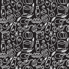 Vector organic food doodle style chalkboard seamless pattern.