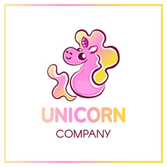 Cute chubby smiling cartoon pink unicorn with yellow to pink gradient fluffy curly tail and mane sitting on his butt and looking behind the shoulder isolated on white background, company logotype.