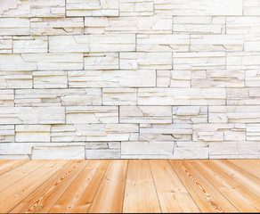 Perspective wood and brick wall texture background / Brick wall