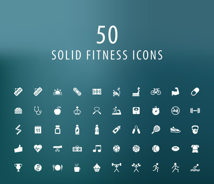 Set of 50 Universal Fitness Icons. Isolated Elements.