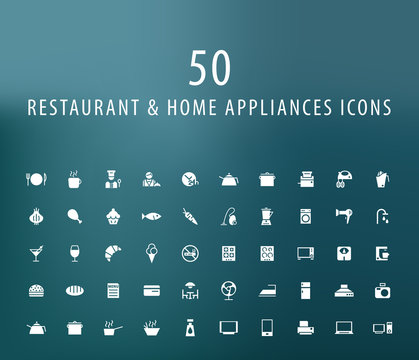 Set of 50 Universal Restaurant and Home Appliances Icons. Isolated Elements.