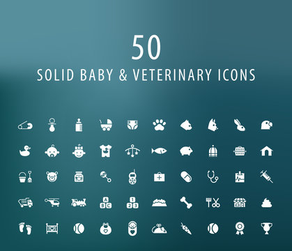 Set of 50 Universal Baby and Veterinary Icons. Isolated Elements.