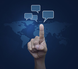 Hand point to social chat sign and speech bubbles over digital w