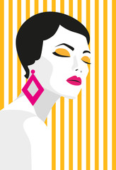 Fashion girl. Bold, minimal style. Pop Art. OpArt, positive negative space and colour. Trendy strips.Vector illustration. - stock vector