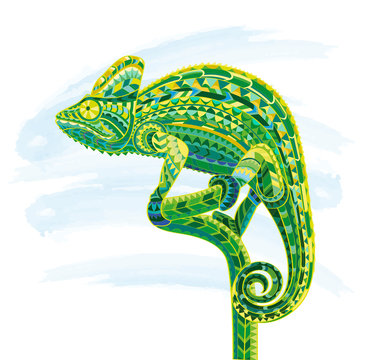 Hand drawn doodle outline chameleon illustration. Decorative in zentangle style. Patterned fiery on the grunge background. It may be used for design a t-shirt, bag, postcard, poster and so .