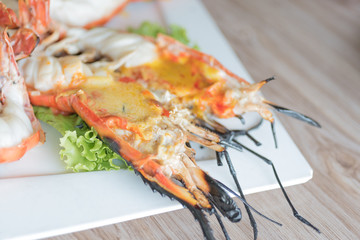 Roasted big river shrimp on the white plate, Select focus