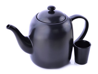 Tea collection: empty ceramic cup and pot isolated on white back