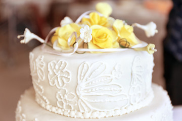 Beautiful wedding cake decorated with roses, closeup