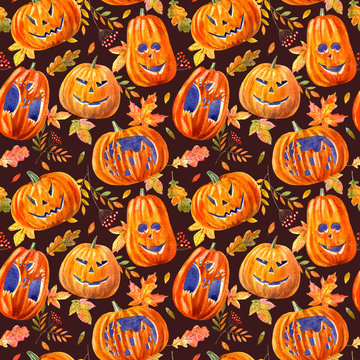 seamless pattern with pumpkin lanterns, maple leaves, oak and rowan .watercolor hand drawn illustration.brown background.halloween