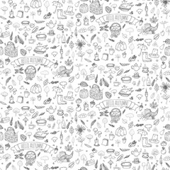 Seamless pattern hand drawn doodle Autumn icons set. Vector illustration. Fall symbols collection. Cartoon seasonal elements: turkey, harvest, vegetables, pumpkin pie, leaves, trees, wine, mushrooms
