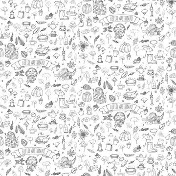 Seamless pattern hand drawn doodle Autumn icons set. Vector illustration. Fall symbols collection. Cartoon seasonal elements: turkey, harvest, vegetables, pumpkin pie, leaves, trees, wine, mushrooms