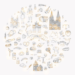 Hand drawn doodle set of Germany icons. Vector illustration set. Cartoon German landmark. Sketchy Europe travel elements collection: Sausage, Beer, Wheat bread, football, tennis, classic music, castle