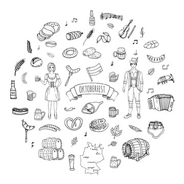 Hand drawn doodle set of Oktoberfest icons. Vector illustration set. Cartoon Bavarian elements. Sketchy October fest collection: Sausage, Barrels of Beer, Bread, Girl and Man in traditional costumes.