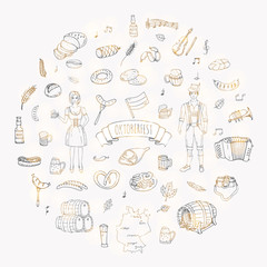Hand drawn doodle set of Oktoberfest icons. Vector illustration set. Cartoon Bavarian elements. Sketchy October fest collection: Sausage, Barrels of Beer, Bread, Girl and Man in traditional costumes.
