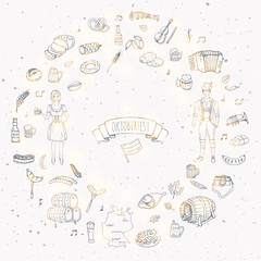 Hand drawn doodle set of Oktoberfest icons. Vector illustration set. Cartoon Bavarian elements. Sketchy October fest collection: Sausage, Barrels of Beer, Bread, Girl and Man in traditional costumes.
