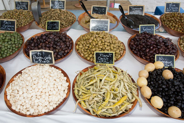 Various kinds of Olives, chili and garlic at French Market