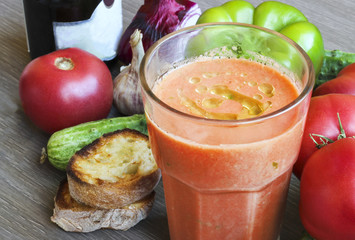 Gazpacho tomato soup and ingredients