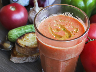 Gazpacho tomato soup and ingredients