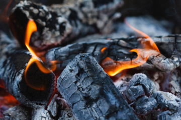 Coals of campfire closeup