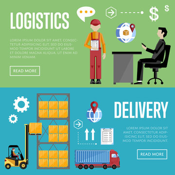 Logistics and delivery banner set of logistics process services isolated vector illustration. Warehouse management concept.