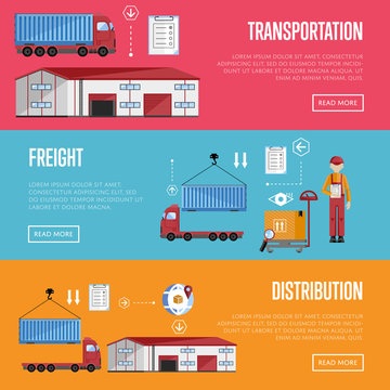 Logistics process services banners set of distribution, transportation and freight isolated vector illustration. Exterior warehouse, porters and shelves with goods.
