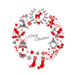 Postkarte mit Weihnachtskranz und weihnachtlichen Elementen