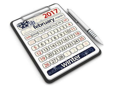 Clipboard with February 2017. Image with clipping path