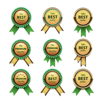 Set of Top Quality Guarantee Golden labels with Green Ribbons