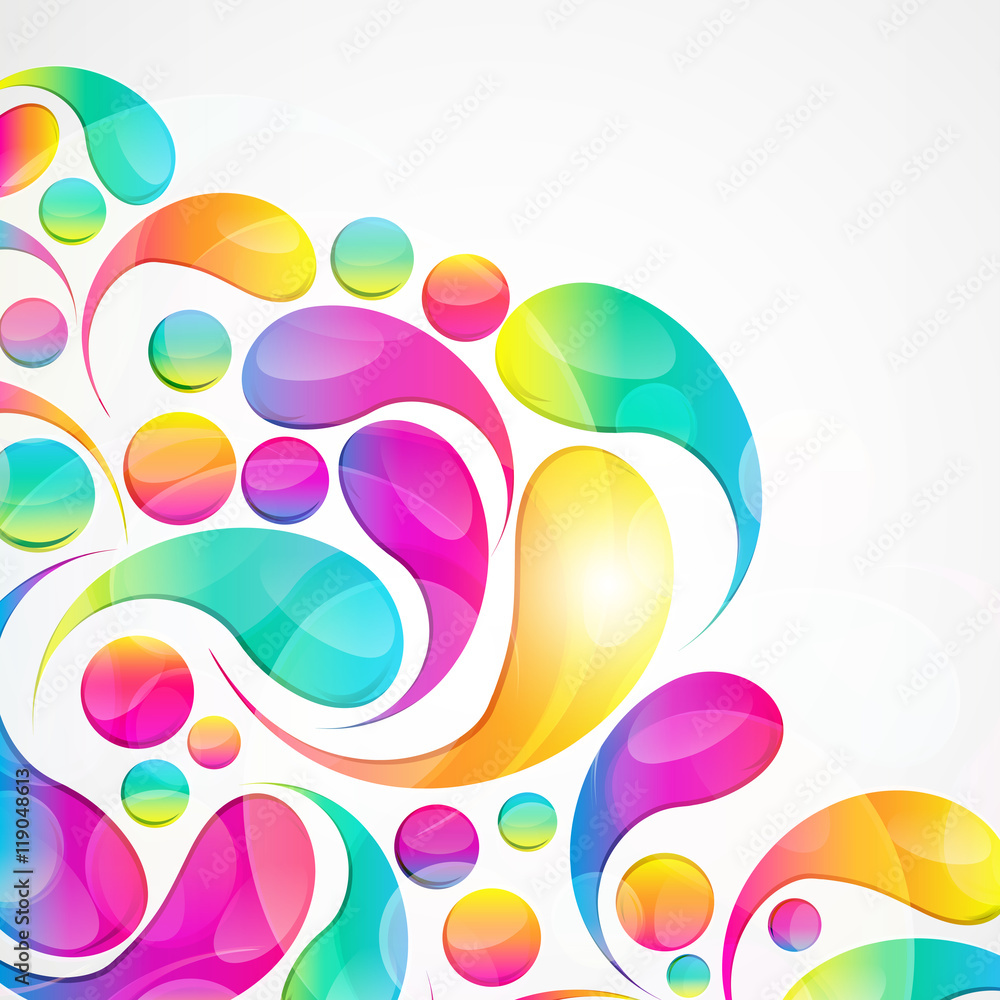 Poster abstract colorful paisley arc-drop pattern on a white background.