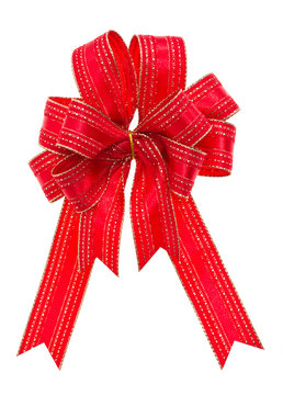 Red Gift Ribbon With Gold Tinsel Isolated On White