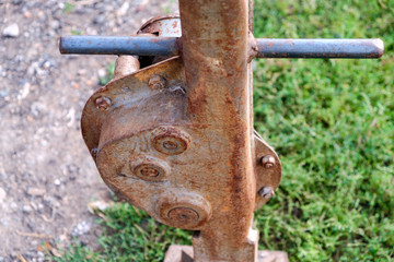 House lifting jack. Old rusty mechanical screw jack. Close-up