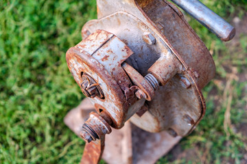 House lifting jack. Old rusty mechanical screw jack. Close-up