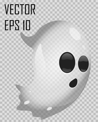 Transparent ghost on checked background. Halloween vector illustration. Grey vector ghost with surprised emotion. Easy to use holiday illustration in EPS 10 file.