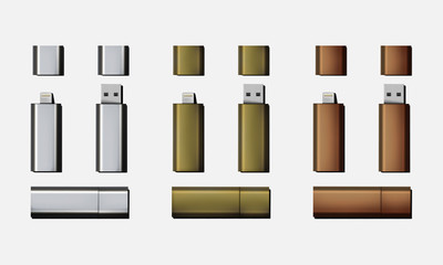 Vector metallic, gold, pink gold Micro USB and USB flash drive ready for you design
