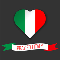 Heart shape in colors of Italian flag. Ribbon with Pray For Italy text. Vector illustration. Message for victims of earthquake.