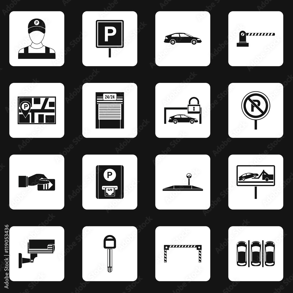 Poster parking icons set in simple style. parking elements set collection vector illustration