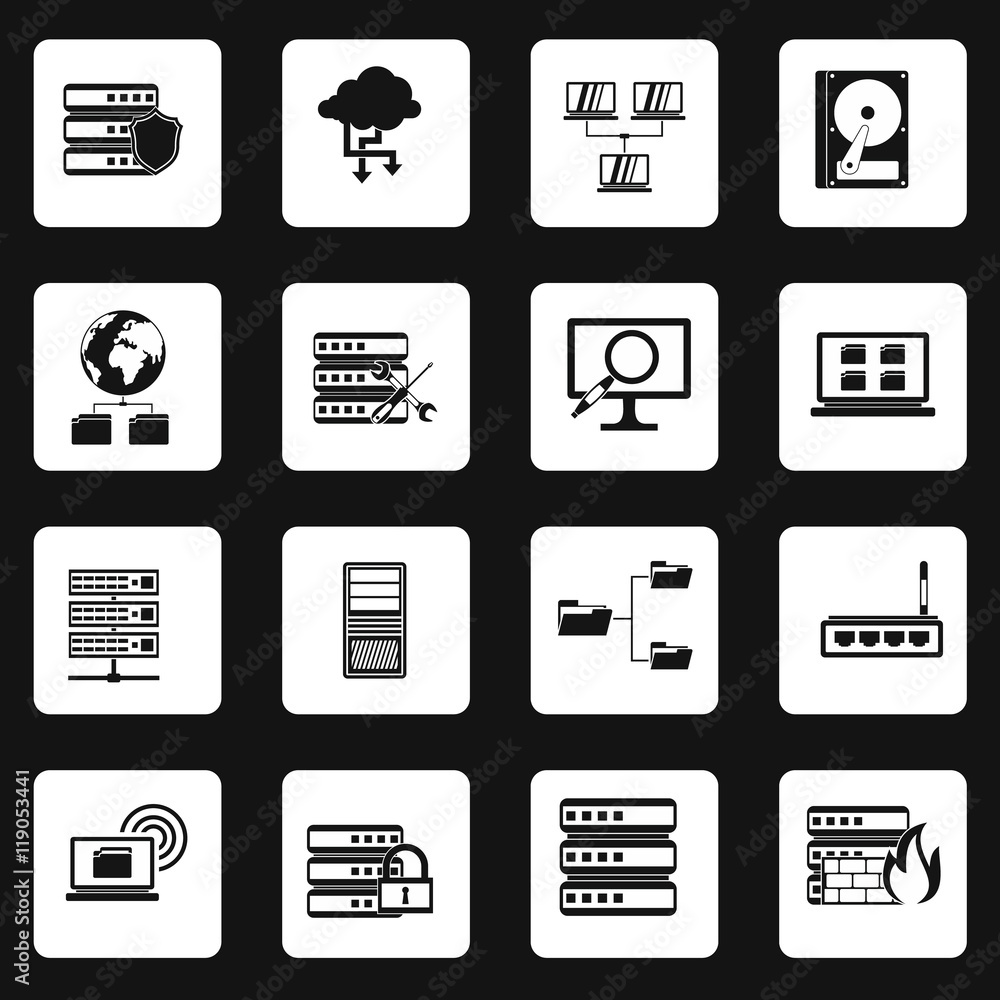 Poster database icons set in simple style. analytics network computing process set collection vector illust