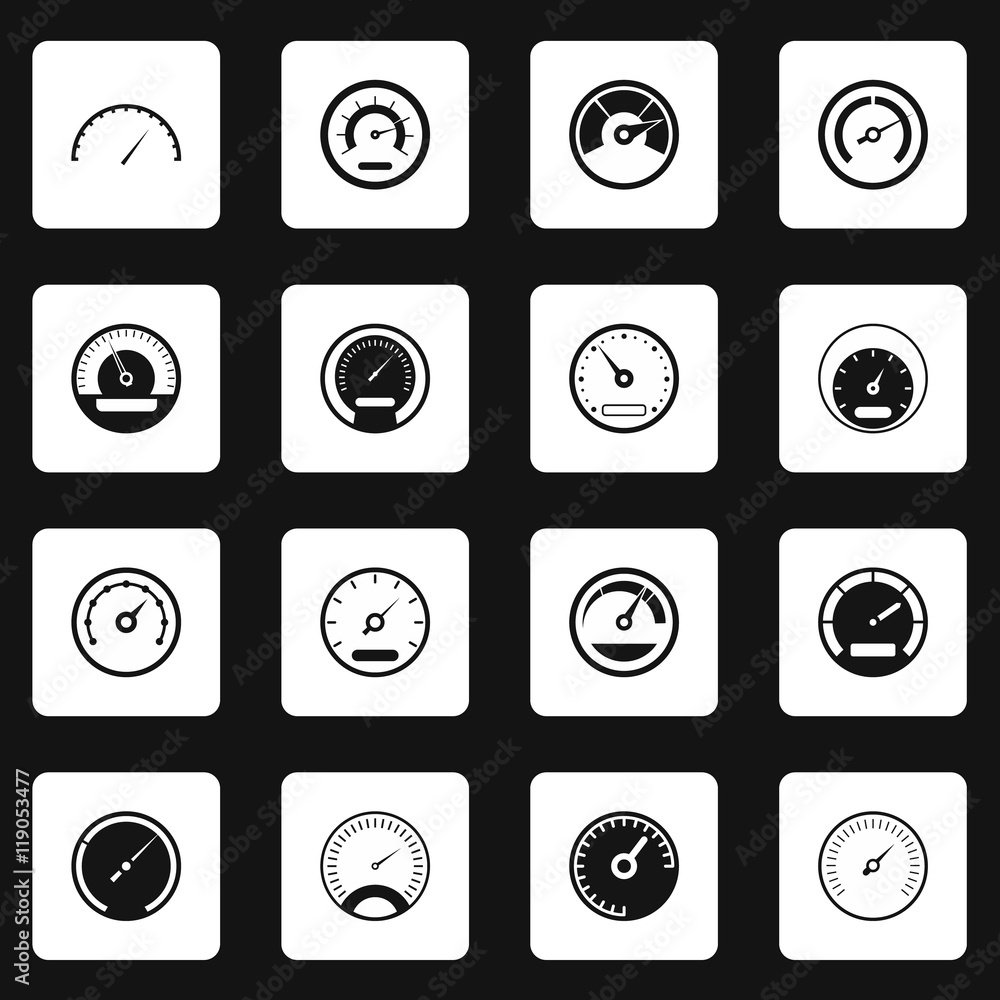 Poster speedometer icons set in simple style. circular meter set collection vector illustration