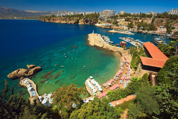 Small beach and harbour in Kaleiçi - old town and historic center of Antalya, Turkey