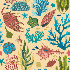 Seamless pattern with corals and fish.