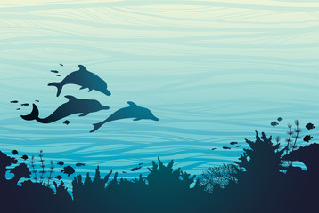 Fototapeta premium Silhouette of tree dolphins and coral reef.