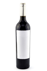 Red wine bottle with white label isolated on white background