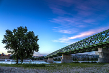 Evening view of Bratislava, Old bridge and town with Danube river, Slovakia