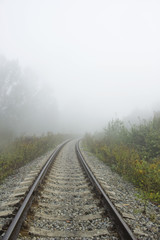 Fototapeta na wymiar Empty curved railroad track going into a mist. Vertical comsition.
