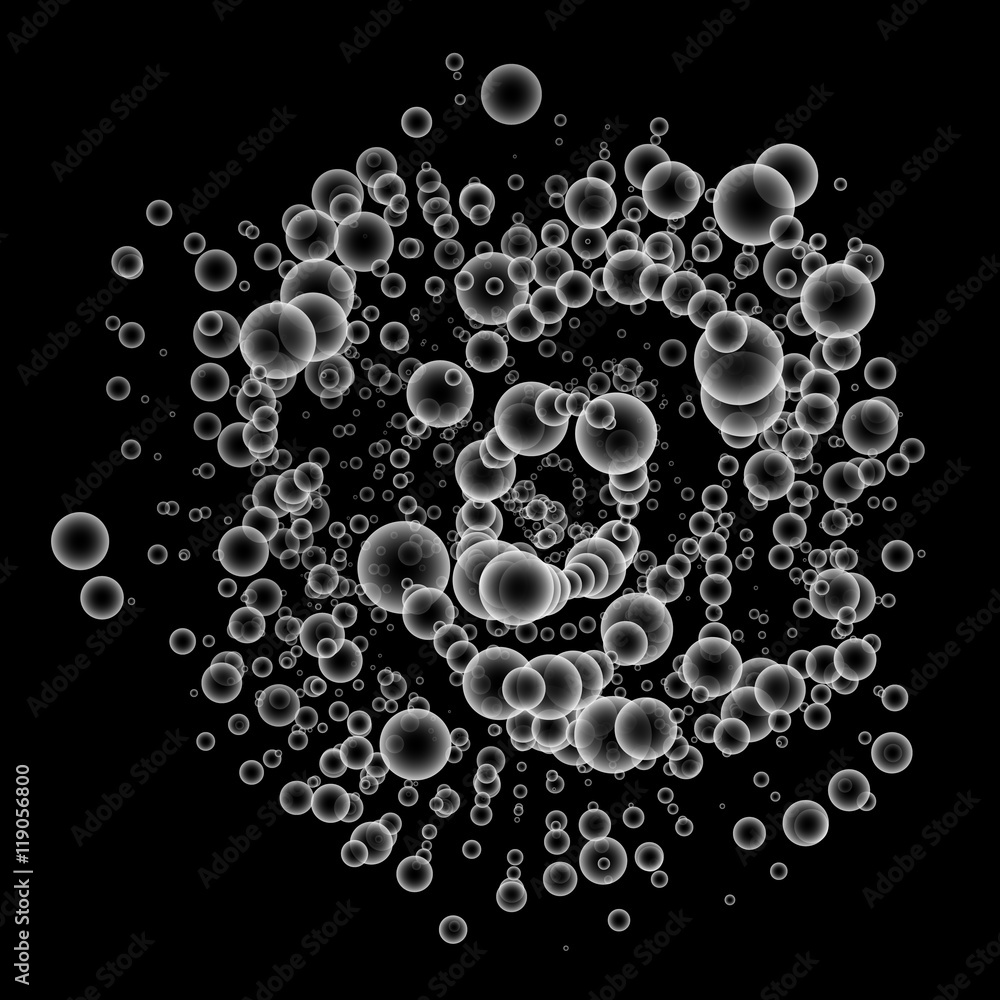 Poster abstract background with random, chaos realistic white glance spheres, balls, blobs for design conce