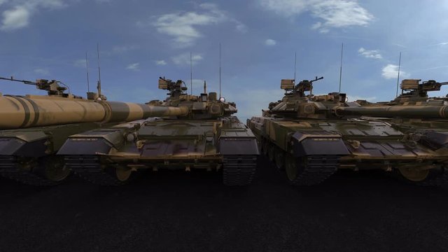 Row of modern main battle tanks. Seamless loop, 4K photorealistic animation