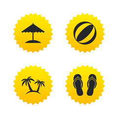 Beach holidays icons. Umbrella and sandals.