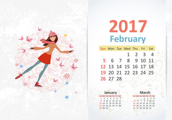 nice young woman skating. fun Calendar for 2017, February
