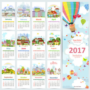 Calendar for 2017 with collection of cute cityscapes. greeting c